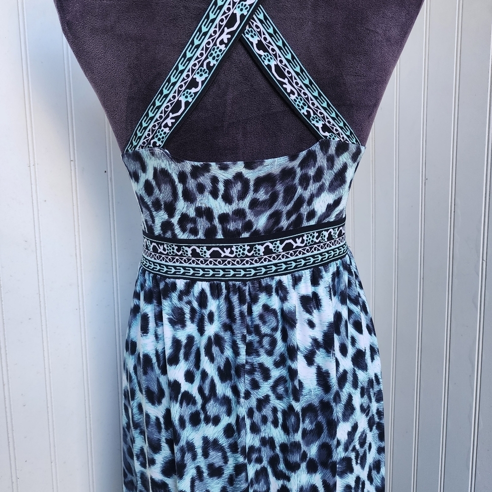 INC Internationa Leopard Print Maxi Dress Crisscross Back Blue Stretch V-Neck XL - Picture 8 of 14